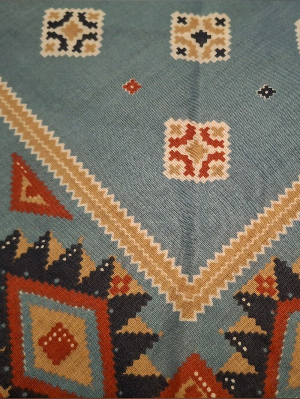 Handmade Blue Aztec Triangle Bandana Scarf with Beaded Fringe